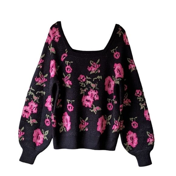 Cato Vintage Rose Print Sweater | Puff Sleeve Square Neck Knit Pullover L NWT - Picture 3 of 8